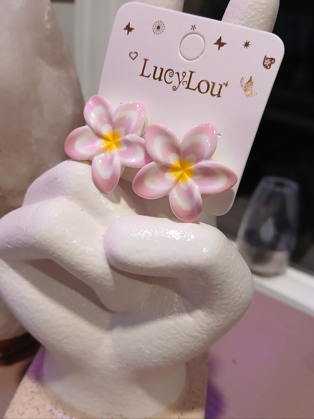 Plumeria Flower Large Stud/Post Earrings in Pink, White & Yellow - NEW ON CARD!